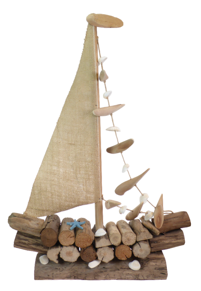 Decorative sailboat made of driftwood and natural materials on a white background