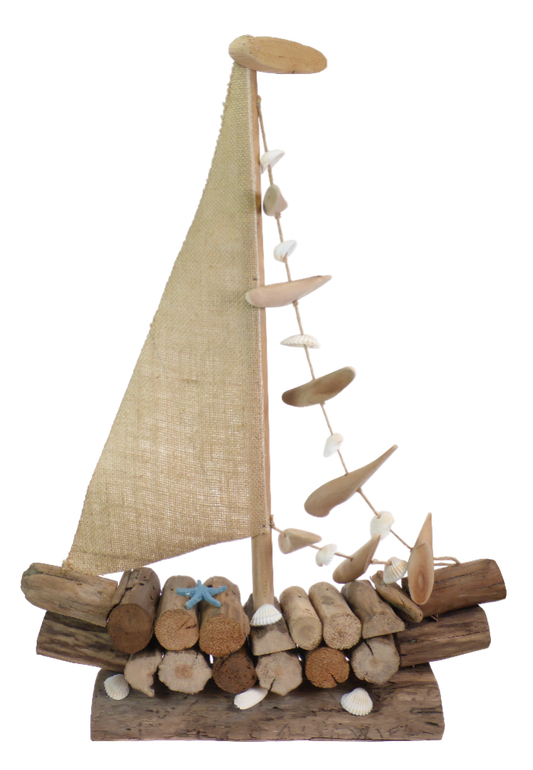 Decorative sailboat made of driftwood and natural materials on a white background