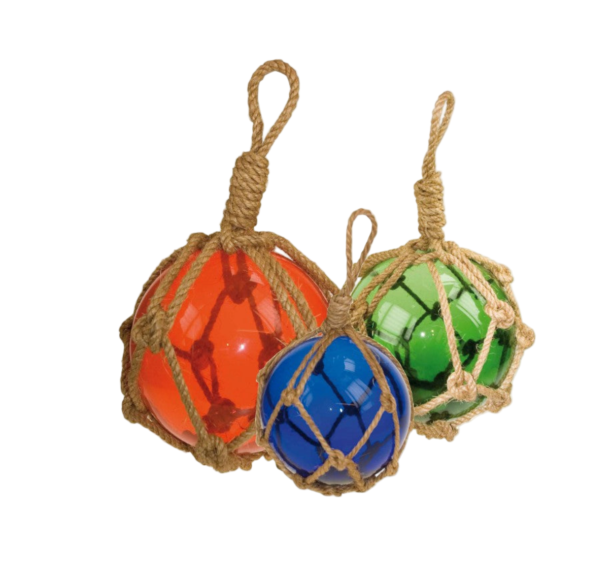 Three colorful glass floats in red, blue, and green, each tied with a rope net on a white background.