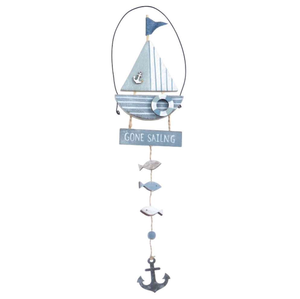 Decorative wall hanging with a sailboat, fish, and anchor on a white background