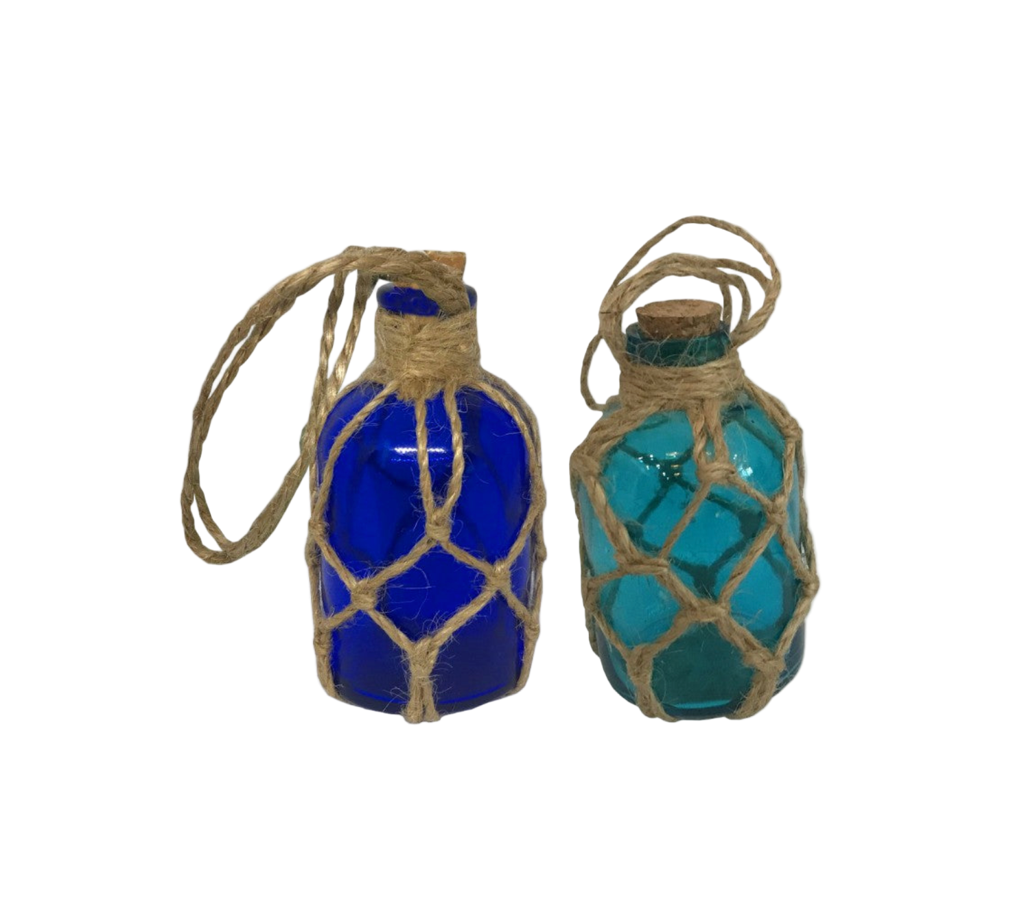 Two blue glass bottles with rope netting on a white background