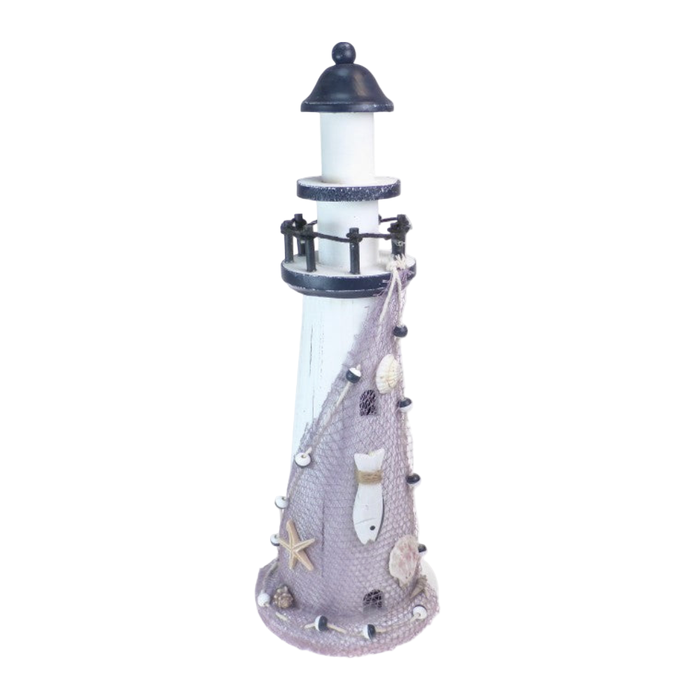 Decorative lighthouse with shell embellishments on a white background