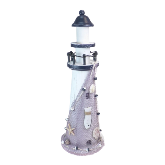Decorative lighthouse with shell embellishments on a white background