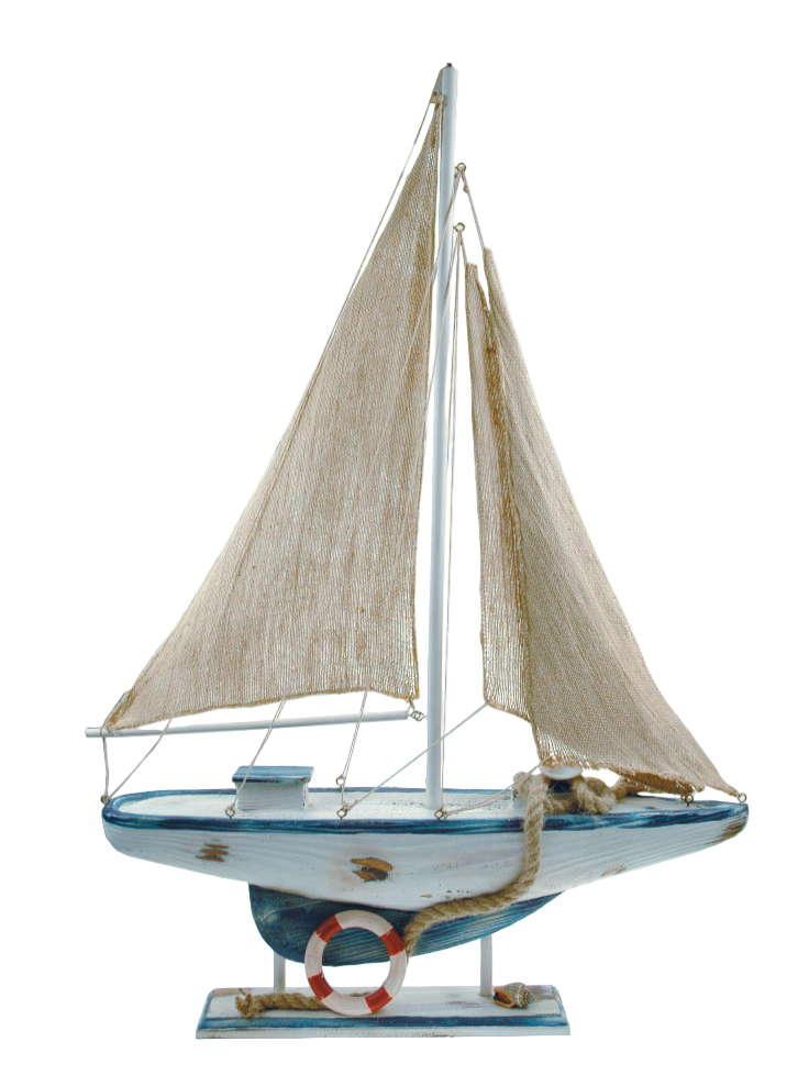 Model sailboat with white sails and blue hull on a white background