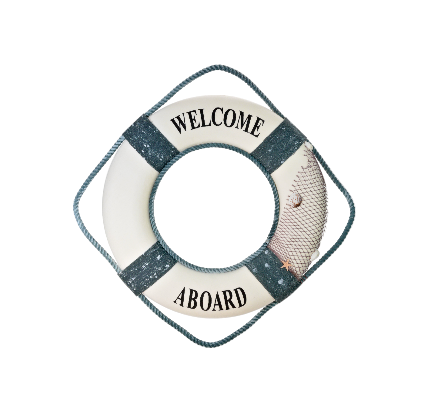 Decorative life buoy with 'Welcome Aboard' text on a white background