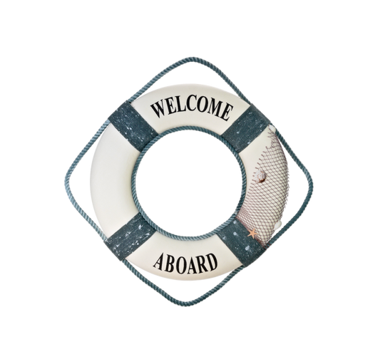 Decorative life buoy with 'Welcome Aboard' text on a white background