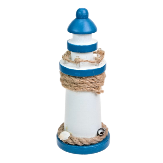 Decorative lighthouse figurine with blue and white colors on a white background