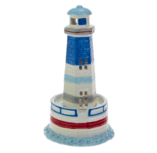Decorative lighthouse figurine with blue, white, and red colors on a white background