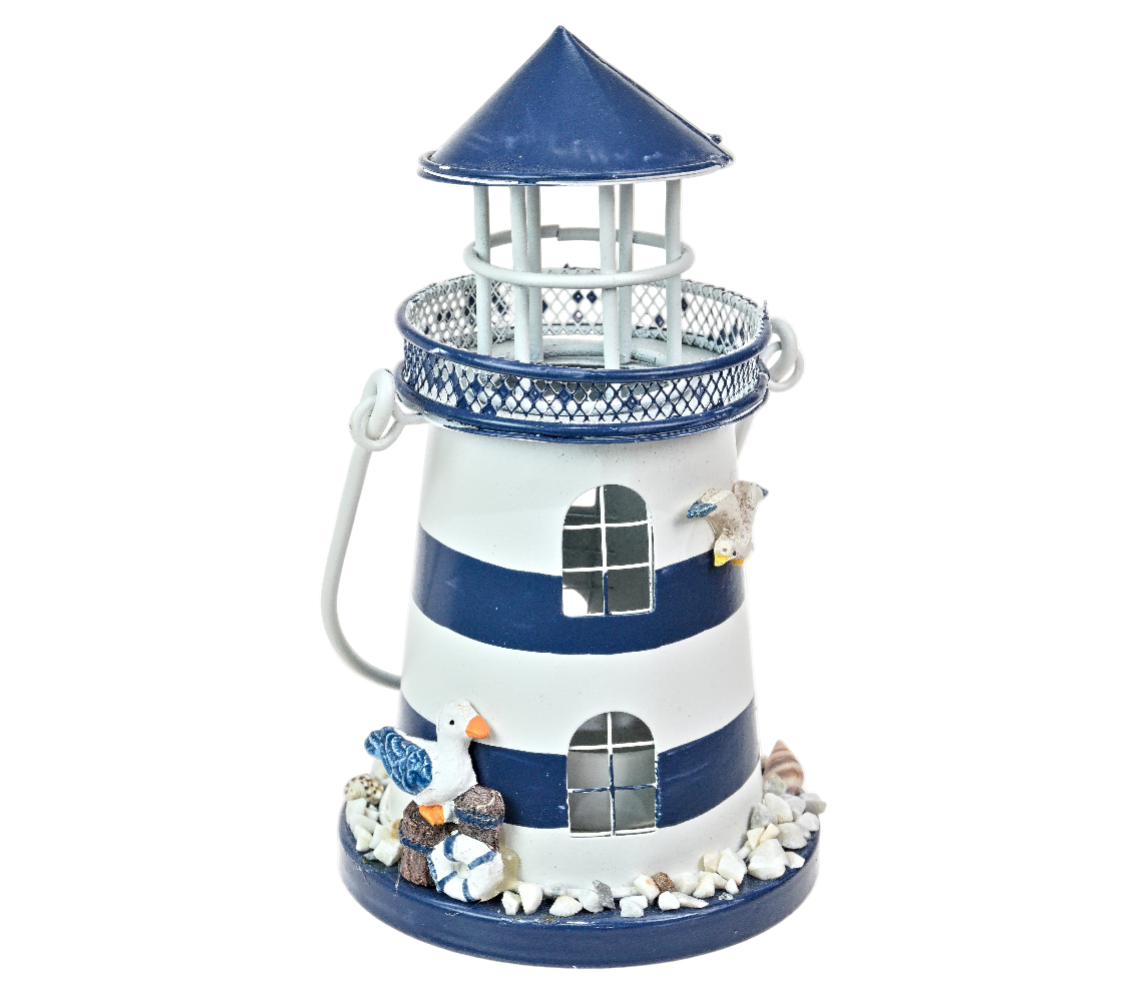 Decorative lighthouse model with blue and white stripes on a white background