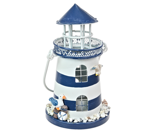 Decorative lighthouse model with blue and white stripes on a white background