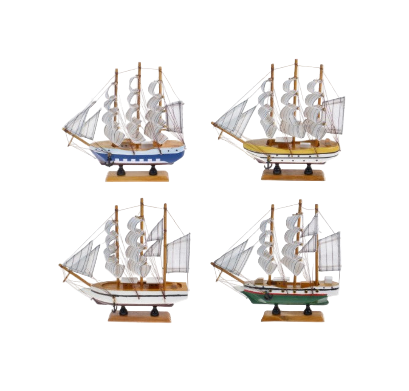 Four model ships with different color schemes on a white background