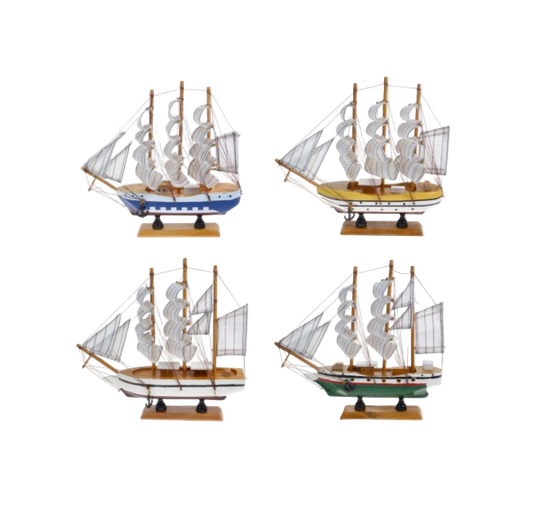 Four model ships with different color schemes on a white background
