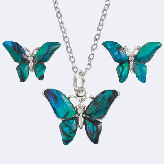 A set consisting of a blue paua shell butterfly pendant necklace and matching stud earrings on a silver-colored metal chain and posts.