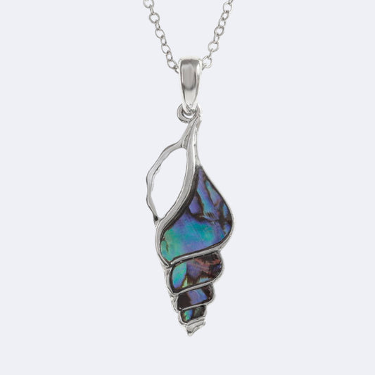 Silver necklace with a colorful shell pendant on a white background