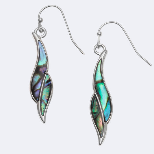 Silver earrings with colorful abalone shell inlay on a white background