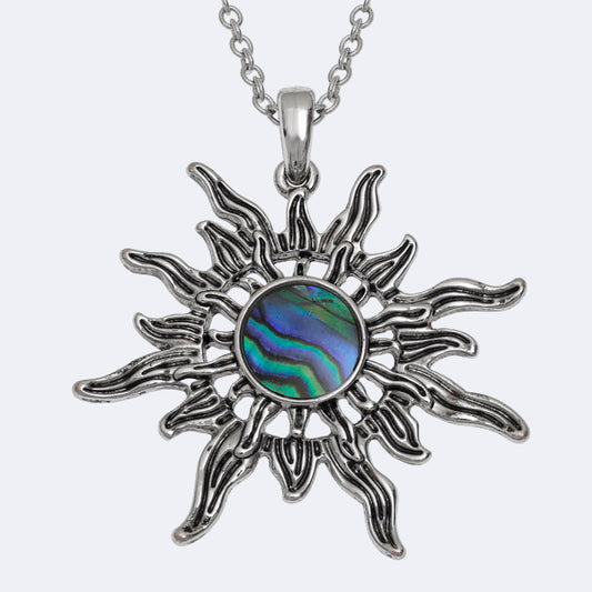 Sun-shaped pendant with abalone shell center on a white background