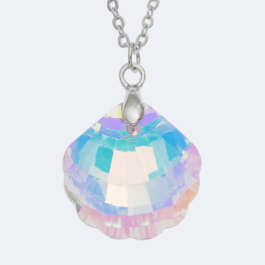 Necklace with a colorful shell pendant on a white background