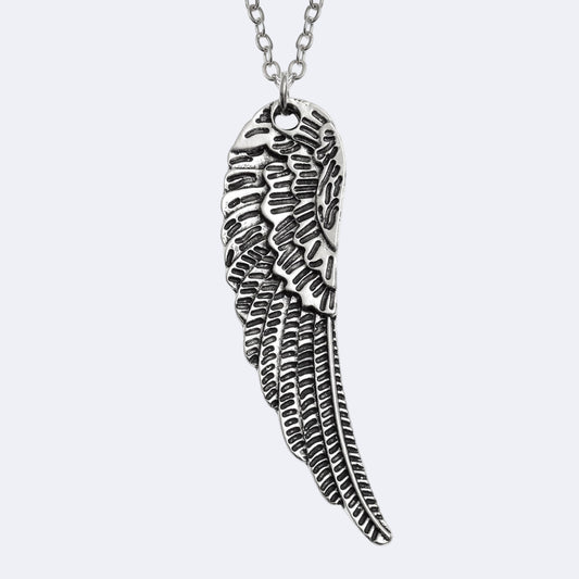 Silver angel wing necklace on a white background
