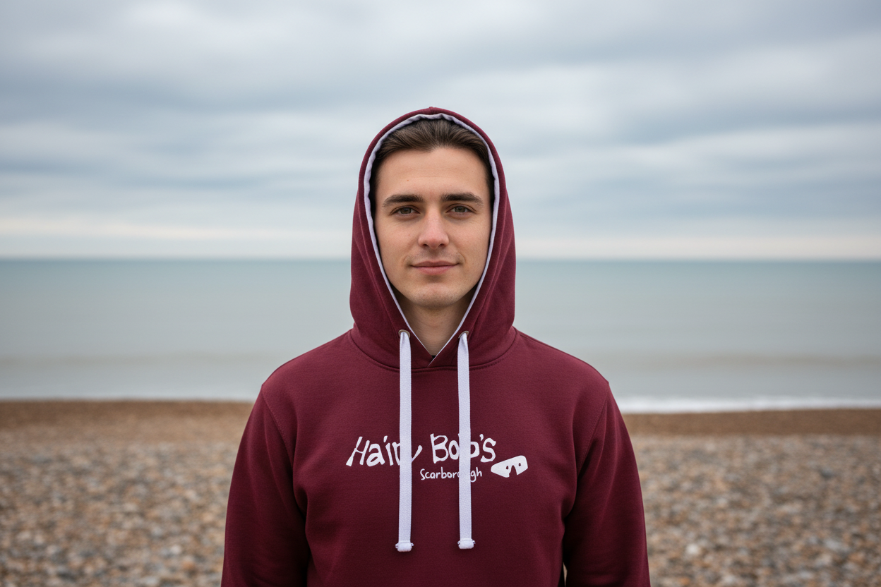 Beach lifestyle shot - Maroon hoodie