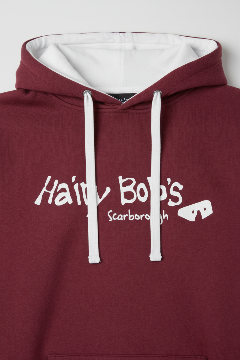 Close-up front shot - Maroon hoodie with logo