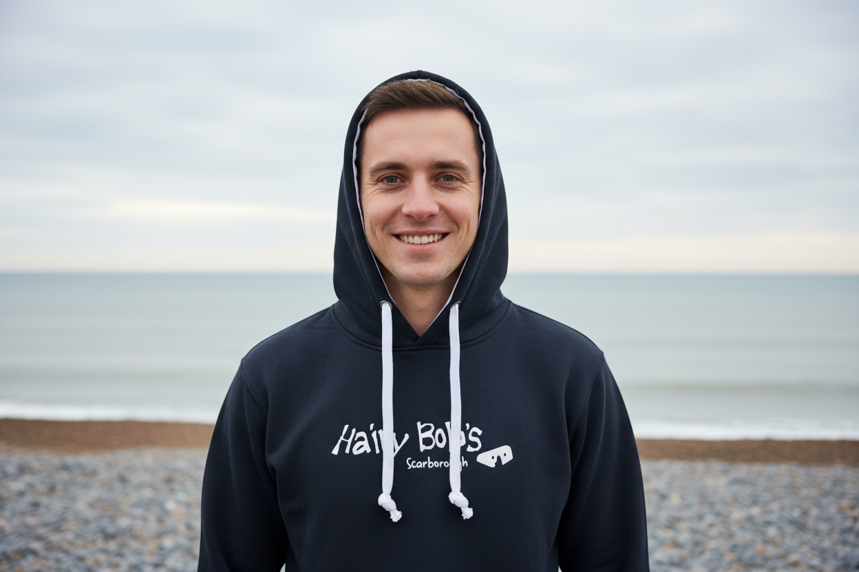 Hairy Bob's Dusky Black Hoodie — Beach Shot v3