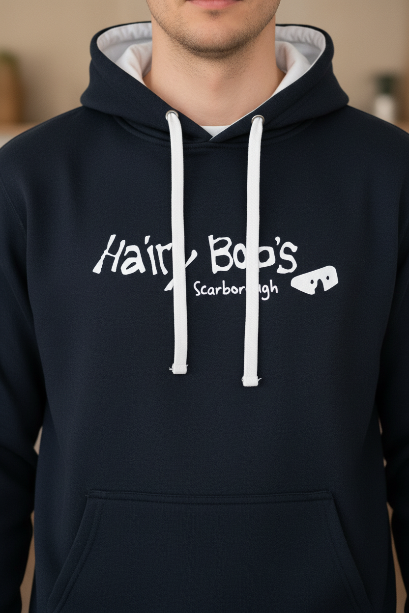 Hairy Bob's Dusky Black Hoodie — Logo Close-Up