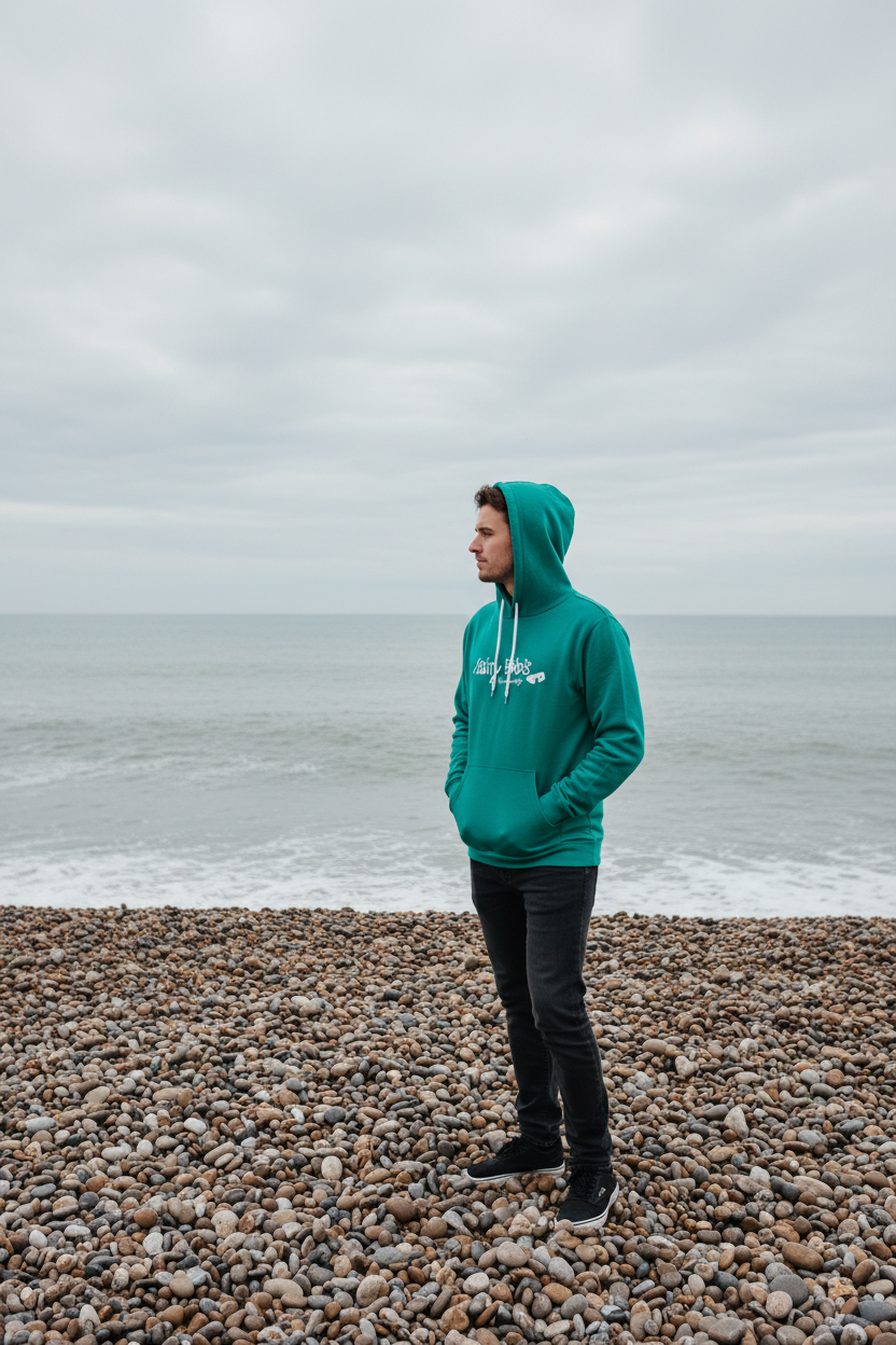Person wearing Hairy Bob's Gumdrop Green hoodie on a British beach