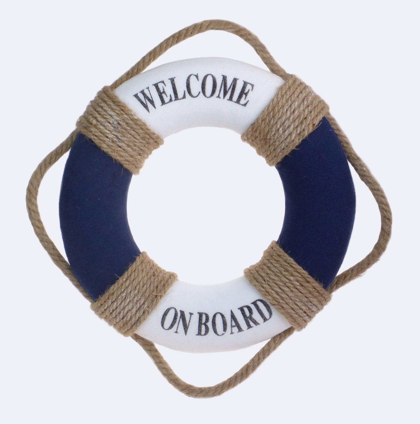 A decorative lifering with a white interior and navy blue exterior, featuring the text 'WELCOME ABOARD' wrapped in a beige rope.