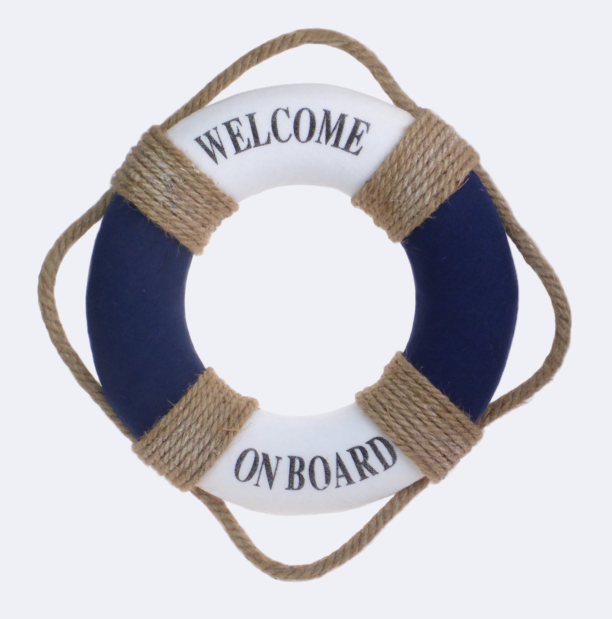 A decorative lifering with a white interior and navy blue exterior, featuring the text 'WELCOME ABOARD' wrapped in a beige rope.
