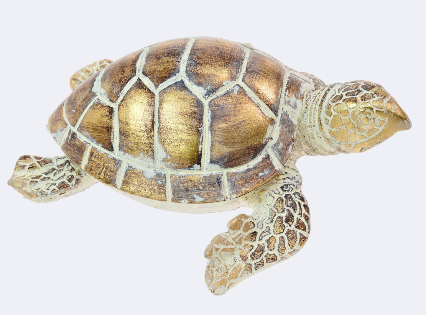 A resin turtle figurine with a brown and beige design, featuring detailed shell and fins.