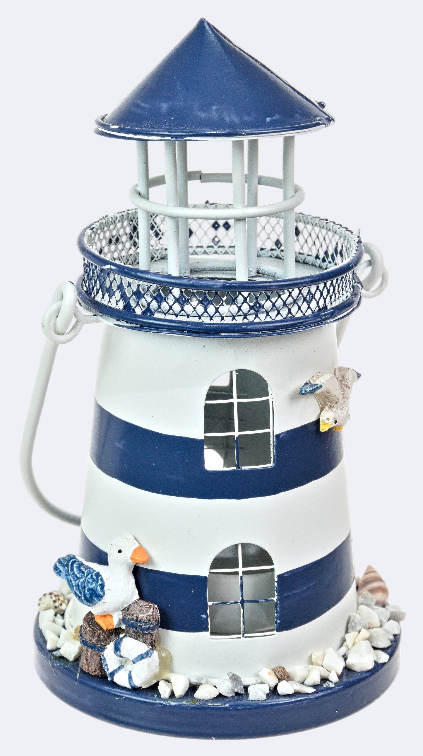 A metal tealight holder designed to resemble a lighthouse, predominantly blue and white in color, with a thatched roof and decorative elements.