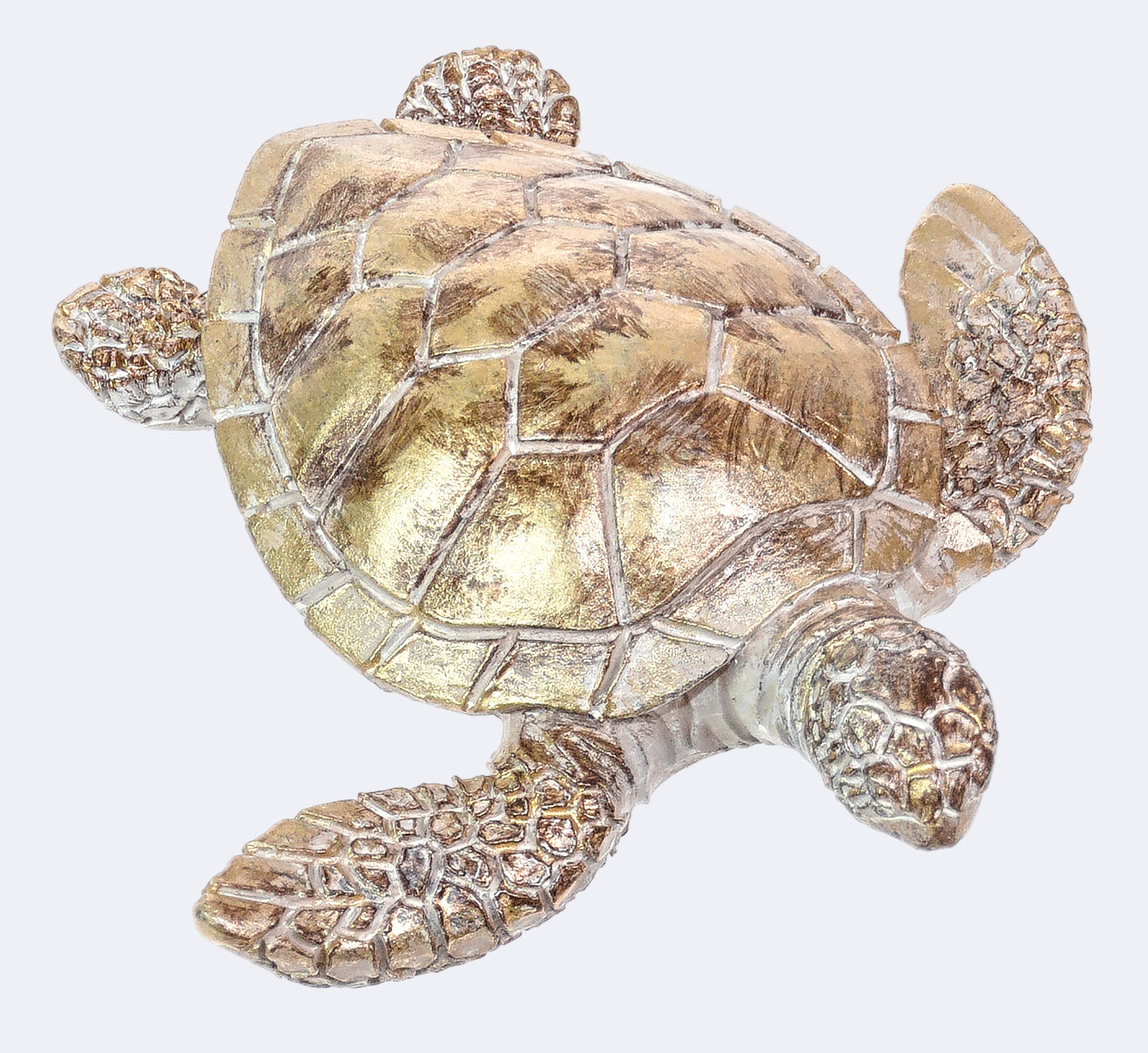 A small resin turtle figurine with a brown and beige color scheme, featuring detailed shell and fins.